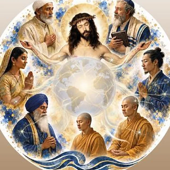 L’opera del manifesto: rappresentanti delle grandi tradizioni religiose disposti in cerchio attorno al globo terrestre